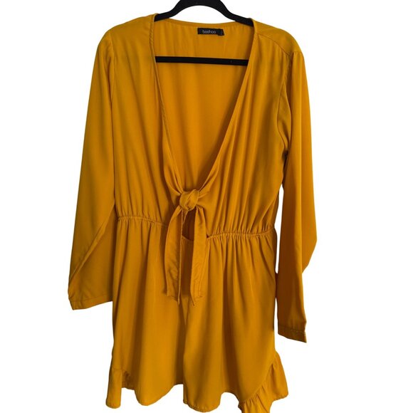 Boohoo 14 Deep Mustard Yellow Long Sleeve  Romper Polyester - Picture 1 of 16
